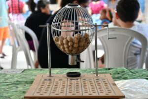 A bingo cage - much simpler than ERNIE, but similar to how the random prizes are determined with Premium Bonds